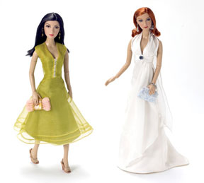 Designs for Living: The Alexander costumers have given the “Susan Mayer” doll a lovely 	chartreuse dress that falls just below the knees, along with coordinating shoes, handbag and earrings. It resembles an actual ensemble the character wore during an episode. Standing beside the Susan doll is the “Bree Van De Kamp” doll. The Alexander artists have captured actress Marcia Cross’ glamour and always-poised façade. The Bree doll wears a flowing white goddess-style gown. Her shoes are silver and her clutch bag is brocaded.