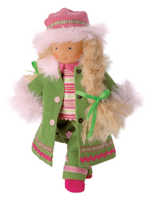  The “Mini It’s Me” Winter Child is 10 inches tall and priced at $59. The doll is dressed in a green corduroy outfit, trimmed with fur. Her hem is decorated with two rows of lace. The Winter Child is a Waldorf Doll.