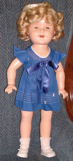 “Shirley Temple,” with composition head, arms and legs and mohair wig, was manufactured by the Ideal Novelty and Toy Co., circa 1934-1939. Sculpted by Bernard Lipfert, Shirley is one of the most popular character dolls.