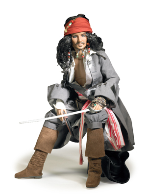 The heart of any "Pirates" collection is "Captain Jack Sparrow," brought to life by actor Johnny Depp. The poseable figure in the character’s classic fighting outfit includes pistol, sword and display stand for $179.99.