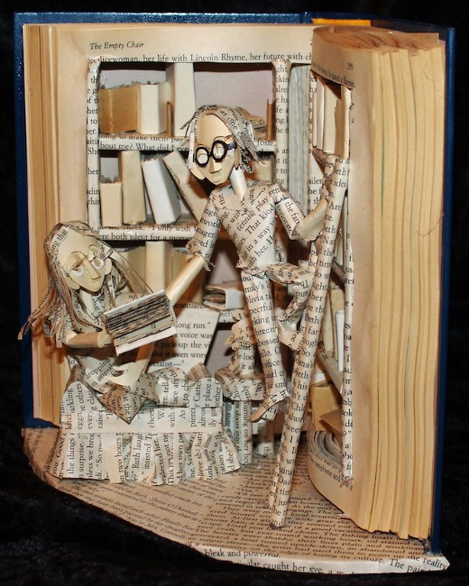 Jodi Harvey-Brown sculpted this library scene from a school’s old reference book.