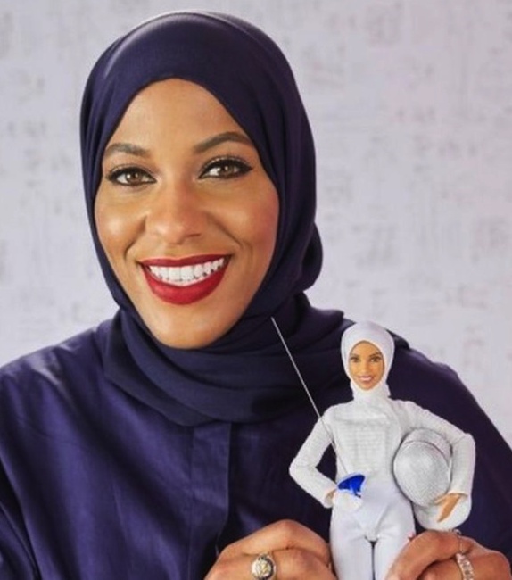 Olympian Ibtihaj Muhammad and her Barbie likeness.