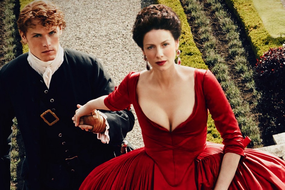 Jamie escorts Claire in the scandalous red dress as they try to change history.