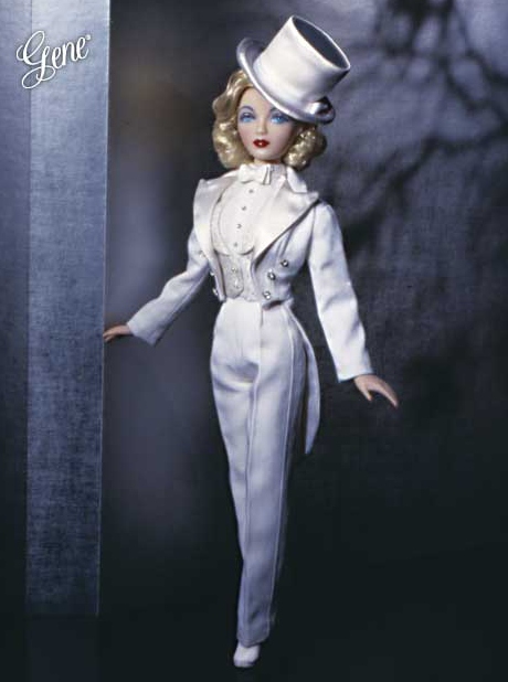 Gene doll as Film Fatale, a salute to Dietrich’s cross-dressing parts