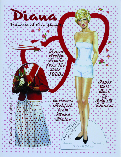 “Diana: Princess of Our Hearts” (Forget-Me-Not Publishing, Michigan, circa 2008) by artist Judy M. Johnson illustrates fashions Diana wore on tour. Johnson used 1980s news photos to modify Diana’s costumes, a unique application among paper-doll books.