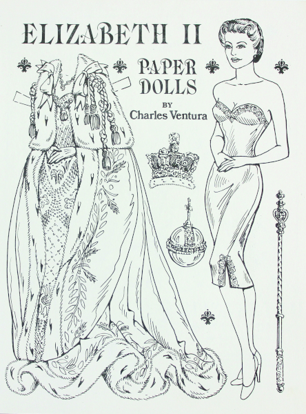 The late Hoosier artist Charles Ventura self-published many beautiful paper-doll books, all of which are hard to find today. Known for his meticulous pen-and-ink drawings, Ventura’s detailed fashions are amazing. A stellar example is “Elizabeth II” from 1988.