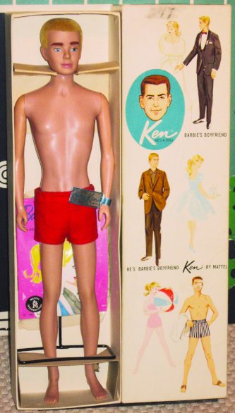 The first Ken in 1961, mint in box. The original concept called for Ken to have black-and-white swim trunks to match Barbie’s classic swimsuit.