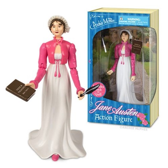 Billed as an action figure, this Jane Austen doll comes with her novel “Pride & Prejudice” and a quill for scribing. The Archie McPhee-manufactured doll is available online and in gift retailers.