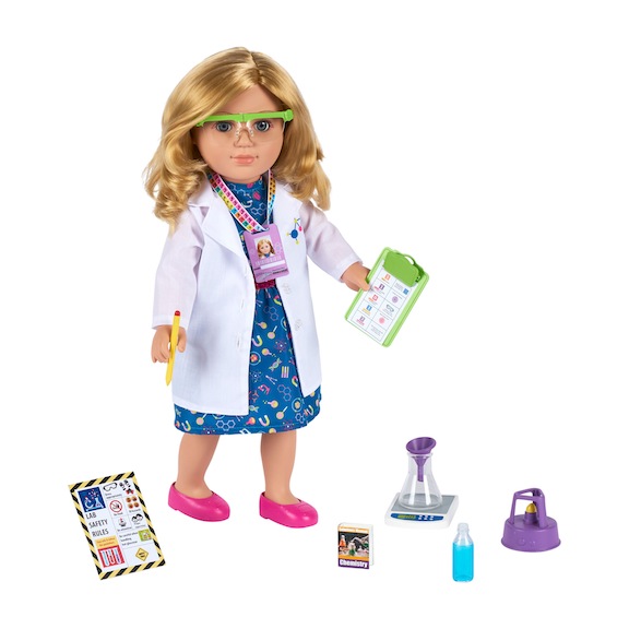 My Life As A Scientist doll, 18 inches tall, comes complete with safety gear, charts, clipboards, ID, and accessories.