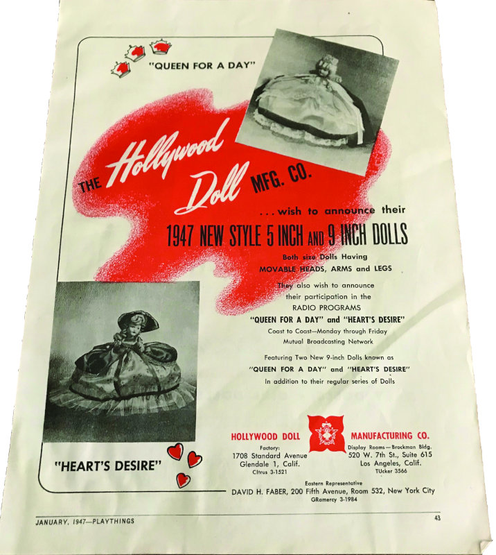 An early ad for Hollywood Doll’s 9-inch Queen for a Day and Heart’s Desire dolls from the January 1947 issue of Playthings.