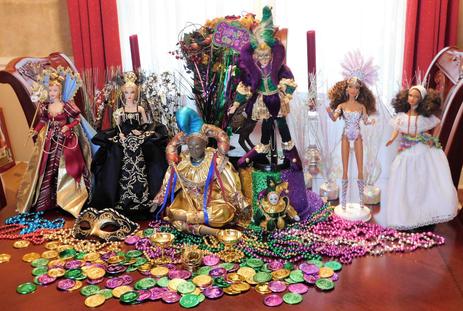 Jacquelyn Graham-Dickson: “Mardi Gras around the world. From left: Venetian Barbies celebrating Carnevale in Venice; Mardi Gras dolls in New Orleans; and Brazilian Barbies celebrating Carnaval in Rio de Janerio and Bahia.”