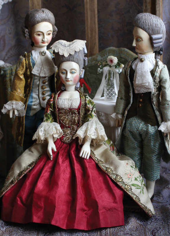 14-inch wooden dolls dressed in French Court style by Mordvinkova.