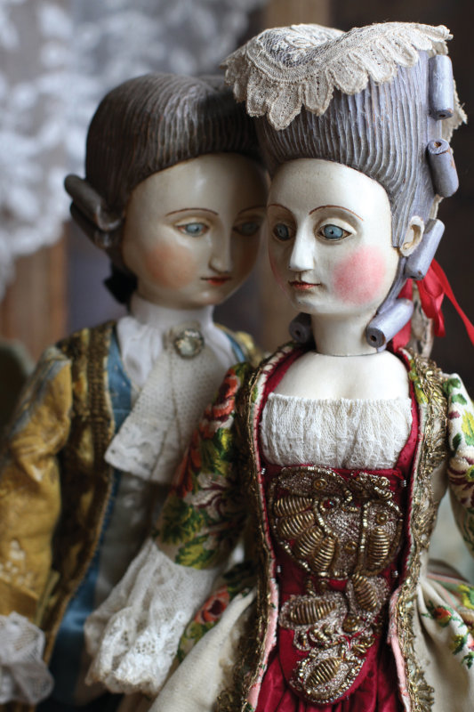 14-inch wooden dolls dressed in French Court style by Mordvinkova.