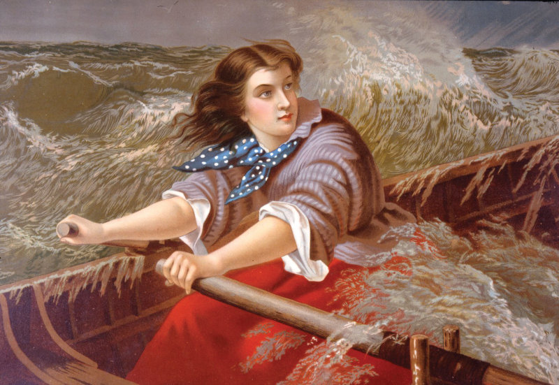 Grace Horsley Darling saw the steamship Forfarshire break apart on the jagged rocks from her bedroom window on the Longstone lighthouse. She and her father, William, rowed out in the storm and saved nine survivors from sure death. Painting of Grace Darling by Thomas Brooks; photo from Almay Stock Photo