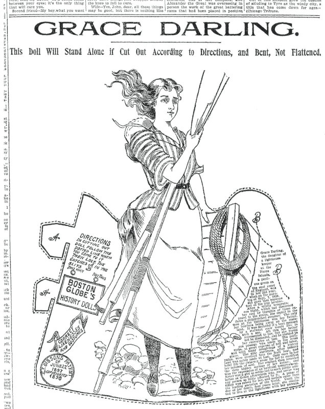 An undated column from The Boston Globe depicts Grace Darling as a stand-up paper doll in its History Dolls Series. The set promoted “correct likenesses and costumes.”