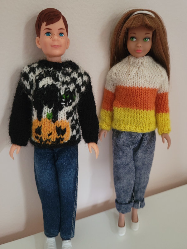 Alison Castaldo: “Ricky and customized Skipper wear hand-knit Halloween sweaters that were created for commission.”