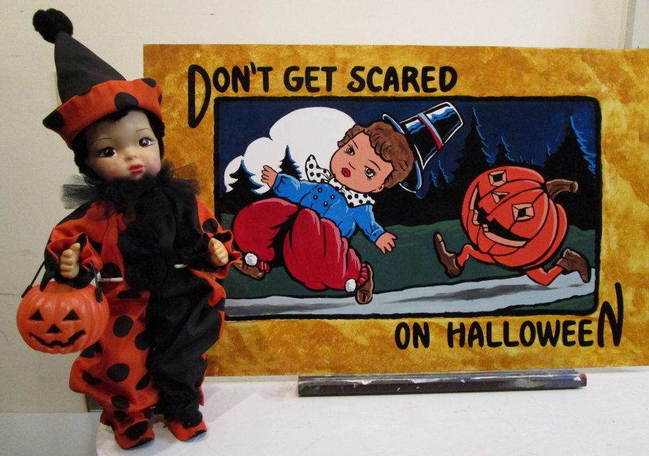 Bonnie Davis: “Jerri Lee doll, made by the Terri Lee Company in 1940s, wears a modern handmade Halloween clown outfit. The Halloween sign was hand-painted by my husband, artist Steve Davis.”