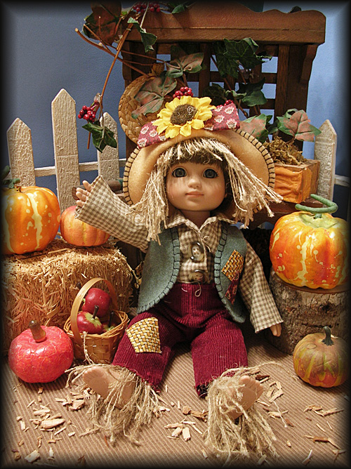 Janis Kiker: “Michael by Tonner Co. is waiting to go trick-or-treating wearing his scarecrow costume.”
