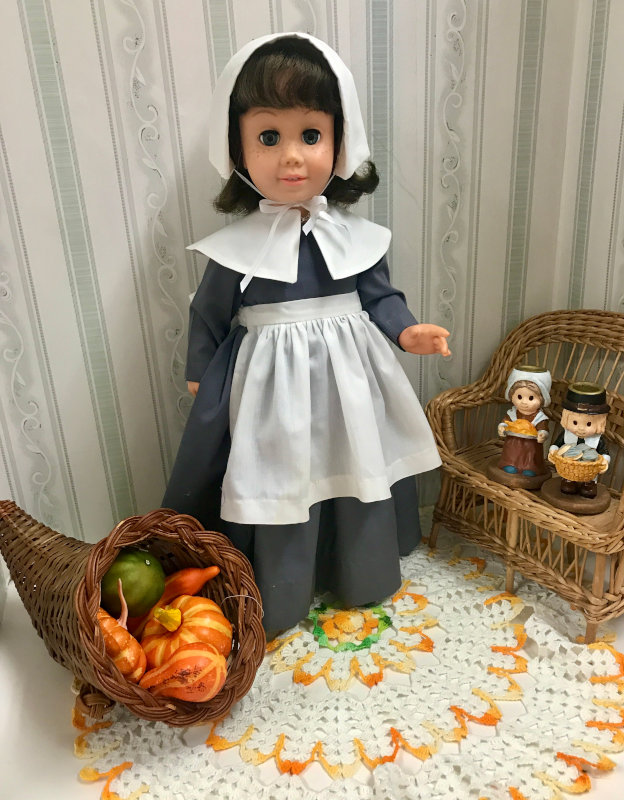 Linda Pepa: “Canadian Chatty Cathy doll, vintage early 1960s, dressed for Thanksgiving in a costume made by seamstress Phyllis Martin Smith.”