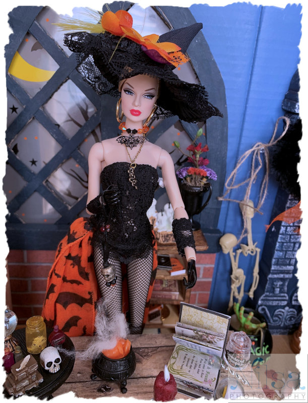 Nilsa Donelan: “Reigning Grace Eugenia Perrin by Integrity Toys (IT) is a modern witch for Halloween. She wears a fashion by Karen of Glammour Doll Designs. Fishnet pantyhose by Mattel. Snake necklace, earrings, and shoes by IT. Diorama props collected along the years.”
