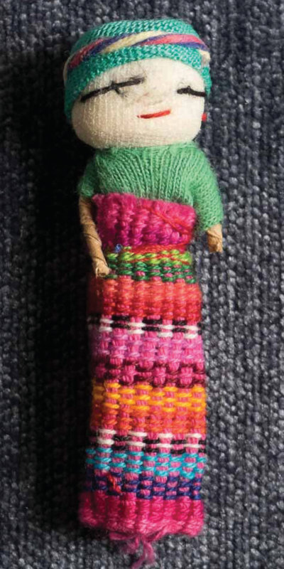 This tiny Mayan doll was under the pillow at our hotel in Mexico City and is a “bad dream catcher.” She is about 3 inches long and wears a tiny piece of handwoven ribbon. I only found her by accident when I moved my pillow.