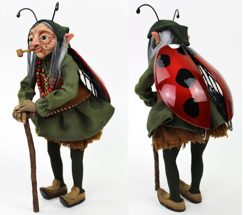Bellar’s award-winning Ladybug Fairy is a 10-inch OOAK made with Super Sculpey, Apoxie Sculpt, acrylic yarn, and resin.