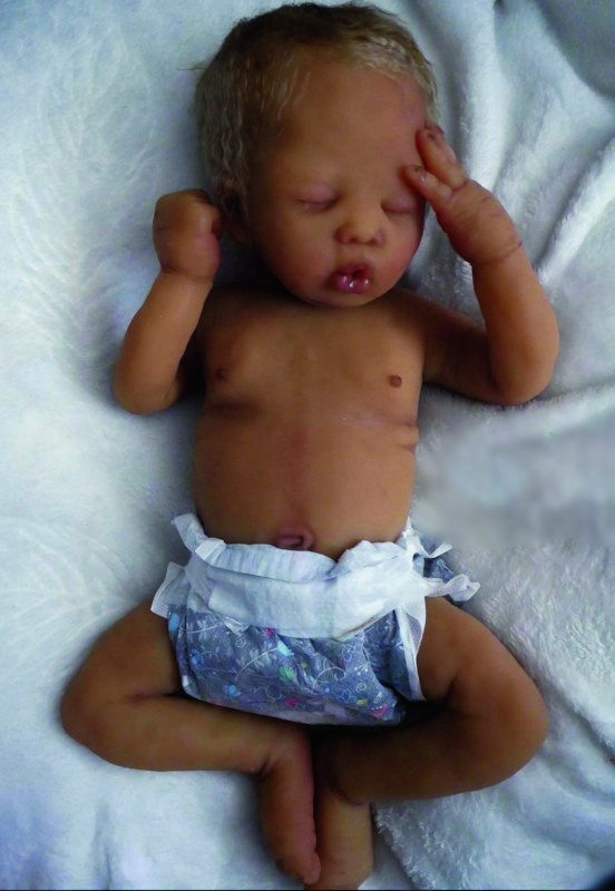 Lula, an 18-inch newborn-sized full-body silicone doll.