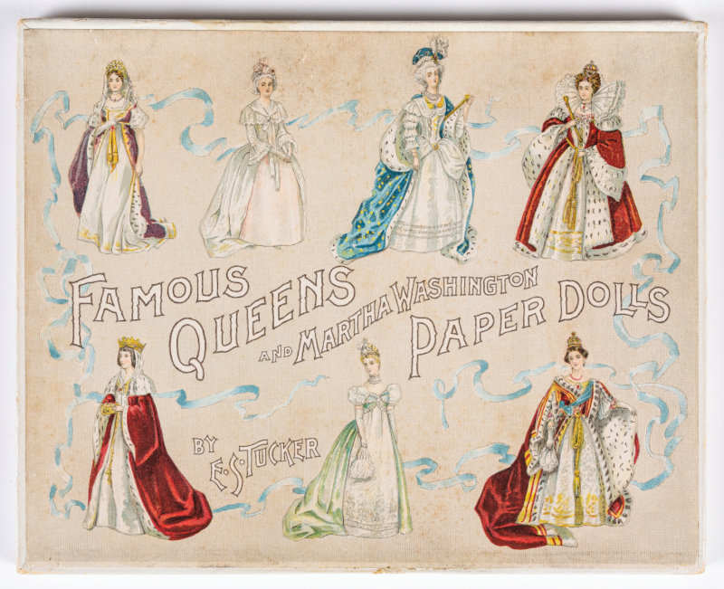 Six of the most commanding queens from European history, along with Martha Washington, march across the cover of this rare paper doll set, circa 1895.