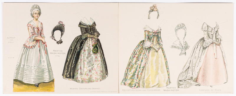 Martha Washington (1731-1802), paper doll and three outfits.