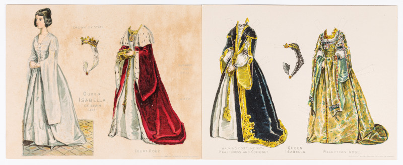 Queen Isabella I of Spain (1451-1502), paper doll and three outfits.