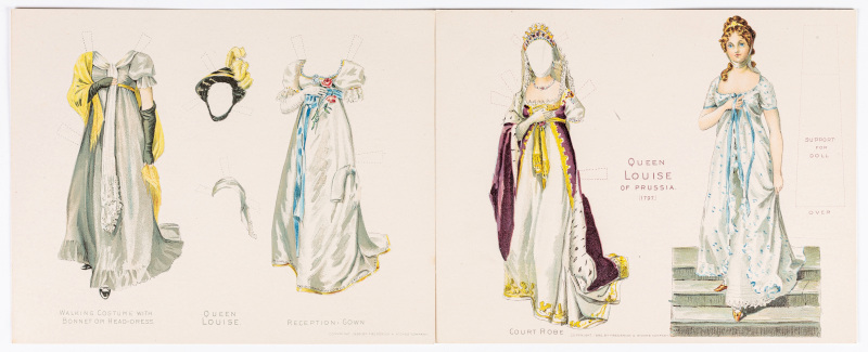 Queen Louise of Prussia (1776-1810), paper doll and three outfits.
