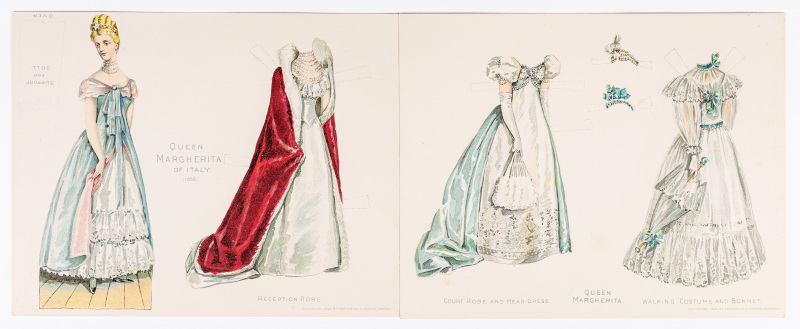 Queen Margherita of Italy (1851-1926), paper doll and three outfits.