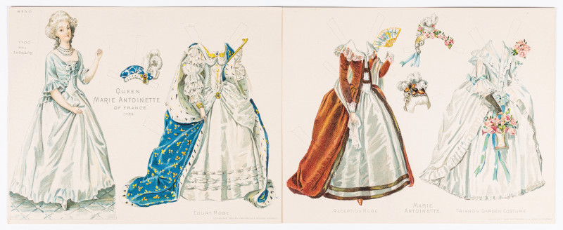 Queen Marie Antoinette of France (1755-1793), paper doll and three outfits.