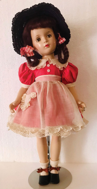 Margaret O'Brien, a 21-inch composition doll from Madame Alexander from 1946. The company later produced the doll in hard plastic.