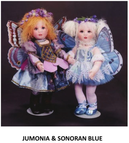 Two butterfly-winged dolls by Shirley Peck: Jumonia and Sonoran Blue.
