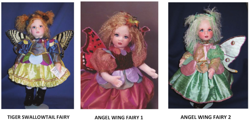 Three dolls by Shirley Peck: Tiger Swallowtail Fairy, Angel Wing Fairy 1, and Angel Wing Fairy 2