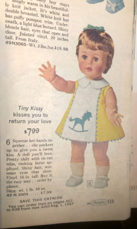 Portion of a 1966 Sears catalog showing a graphic of a blond Tiny Kissy doll.