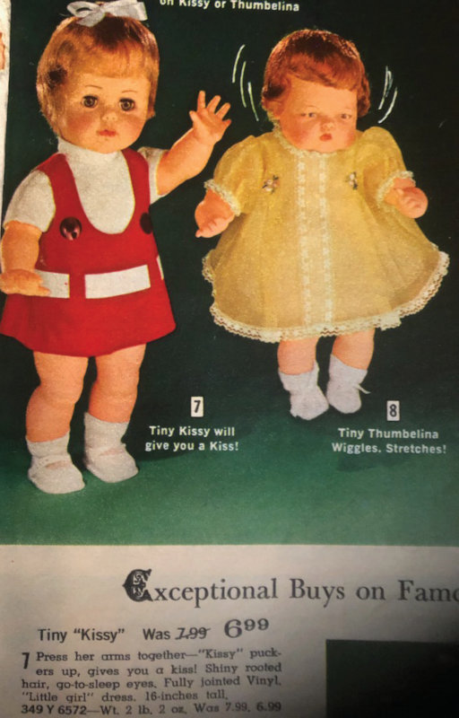 Photo of a partial page of 1966 Aldens catalog with graphic of redheaded Tiny Kissy doll available for the holidays.