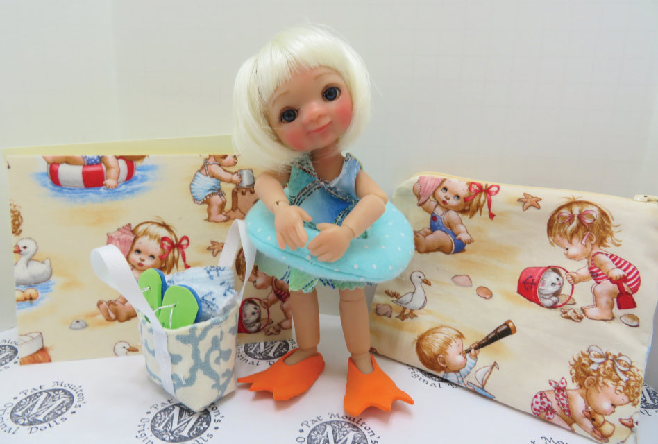 “Shelly is ready for the beach or the pool,” Moulton said. “All you see is handmade by me other than her bathing suit — that cute number is made by Bonnie Larson.” The 6-inch resin BJD is a limited edition of 12.