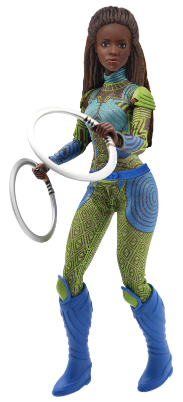 World of EPI designers had to invent a new technique to reproduce Nakia’s dreadlocks; her intricately patterned costume was also a challenge to make at doll scale.