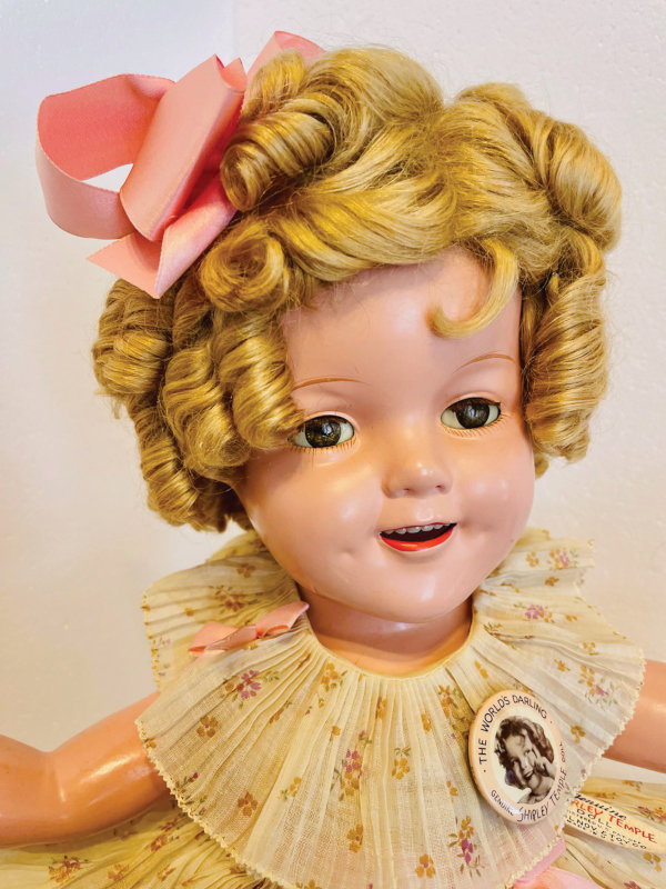 Closeup of a 1934 Ideal composition Shirley Temple doll.