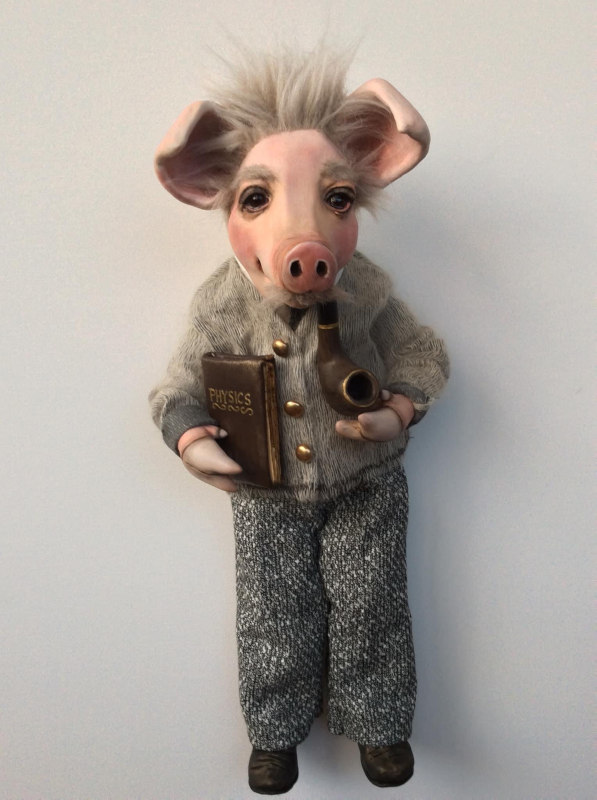 Albert Sweinstein, 18 inches. “Albert was inspired by my love of all animals. Since pigs are extremely intelligent and can recognize themselves in a mirror, I wanted to create him like an Albert Einstein.”