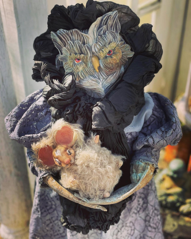 This is Owl Mother caring for her mousie. This OOAK narrative sculpture was created in my Battle Creek, Michigan, studio. I was thinking about how, even if it’s not our own children in peril, we are all keepers of tenderness.