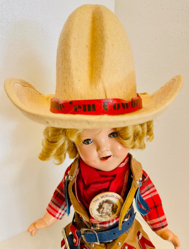 Close-up of a rare 11-inch Texas Ranger Shirley Temple doll from 1936.