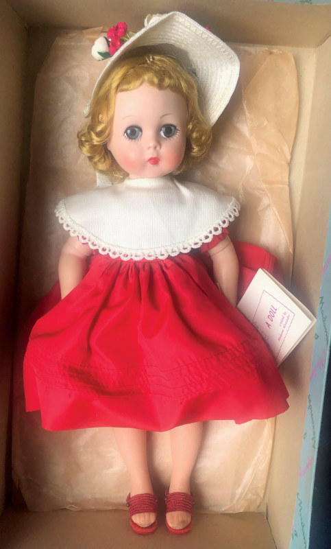 This 1957 Lissy (#1151) is a perfect mint-in-box example of the 12-inch doll. The Lissy face sculpt would be used for many years and was one of Madame Alexander’s favorites.