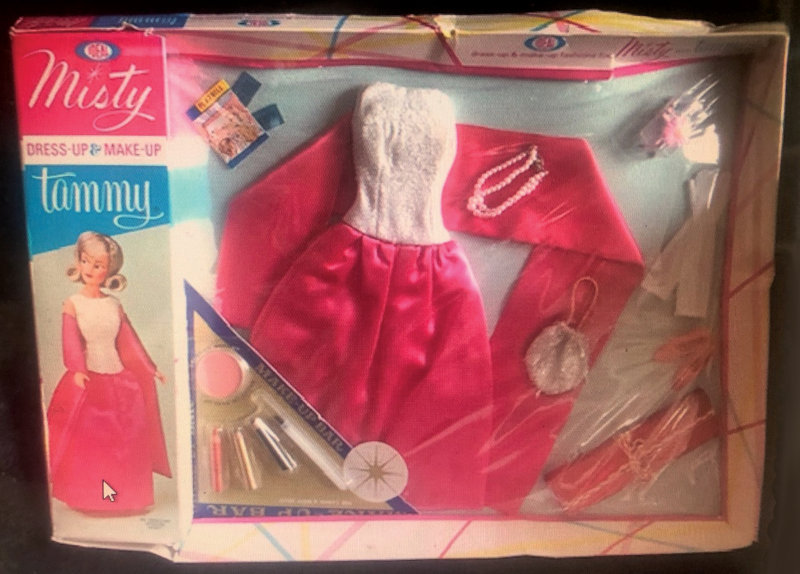 A boxed fashion for Tammy with a fancy prom-style dress and accessories, including jewelry, corsage, and makeup items.