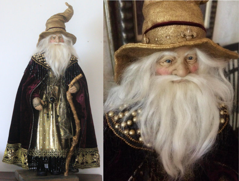 Father Wizard, 17 inches, is a OOAK created from paper clay, Sculpey, and fabric. Malay made his clothing very detailed, she said, imagining what a real wizard might wear and tie to his belt.