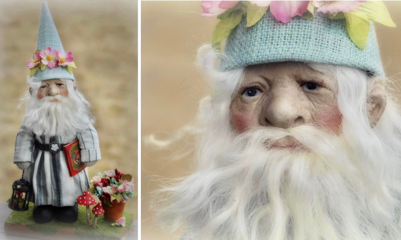 “As an avid gardener myself, I love creating anything with a garden theme,” Malay said. Gilbert the Garden Gnome (above), 13 inches, and 14-inch Pippy are made from paper clay, Sculpey, and mohair. Both gnomes carry mushrooms and little clay gardening pots.