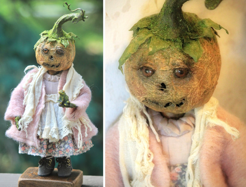 Little Nutmeg, 12 inches, was created with papier mâché, tissue paper, moss, fabric, and paper clay with glass eyes. “She’s wearing her favorite dress — a combination of girly-girl and tomboy,” the artist said.