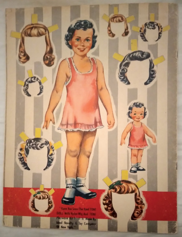 Back cover of "Toni Hair-Do Cut-Out Dolls" with one large and one small doll pictured, along with different cut-out hairstyles for each.